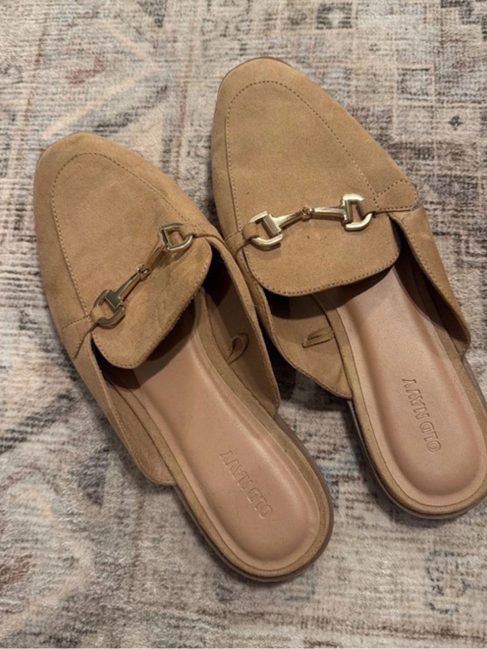 Old Navy Tan Suede Backless Loafers with Gold Bit